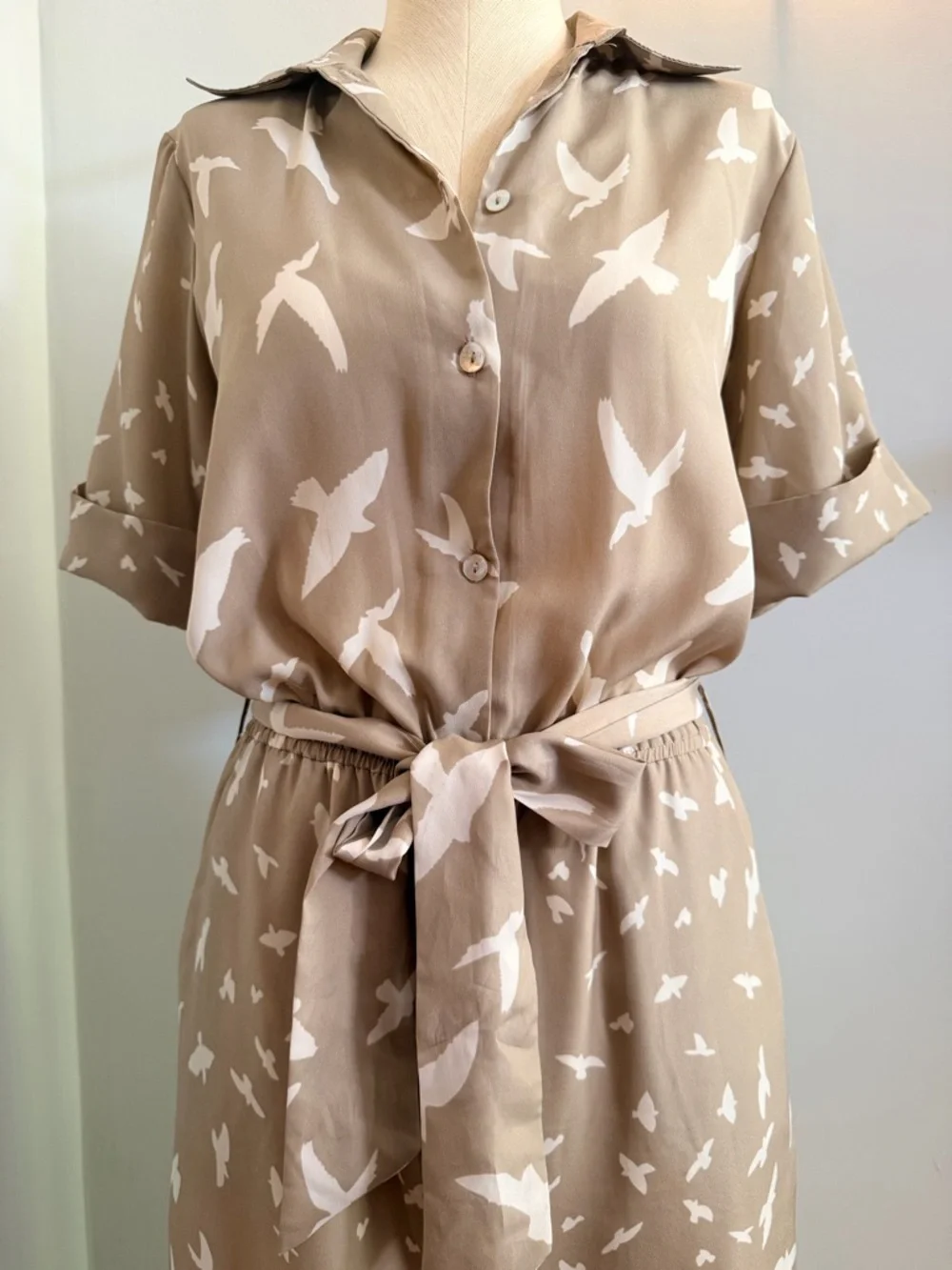 Corey Lynn Calter for Anthropologie Beige Bird-Print Tie-Waist Jumpsuit - Picture 3 of 9